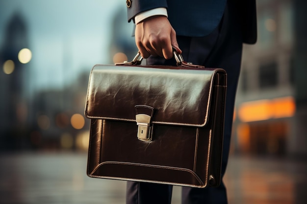 Sharp focus on executive clutching sleek briefcase epitomizing professional sophistication