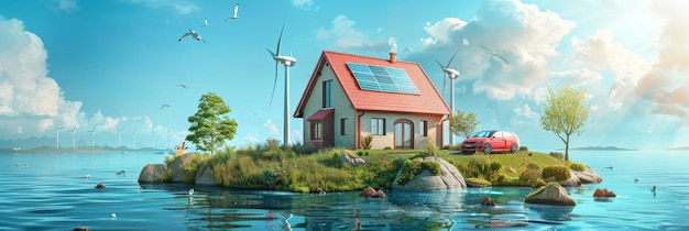 Photo sharp image of a home with virtual battery energy storage photovoltaic solar panels wind turbines