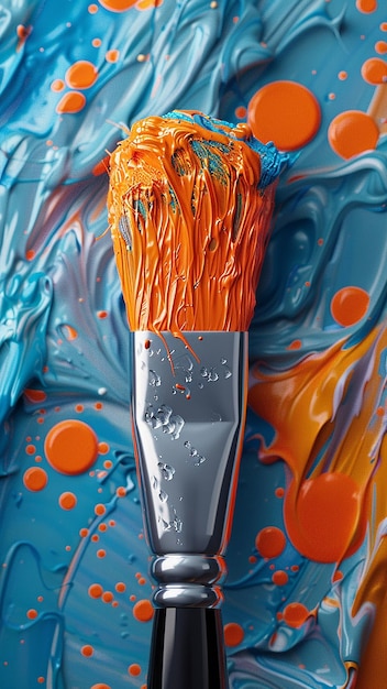 Photo a sharp knife with orange and blue paint on it