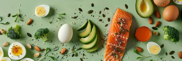 Photo sharp photo of salmon avocado eggs nuts seeds on vibrant green backdrop