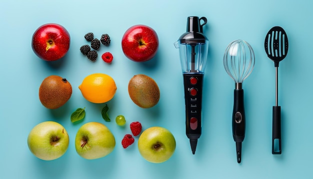 Photo sharp photo showcasing a topdown perspective of a hand blender kit accompanied by fresh fruits