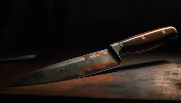 Sharp steel blade on old wooden handle generated by AI