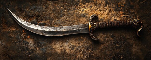 Photo sharp steel scimitar sword resting on rock background