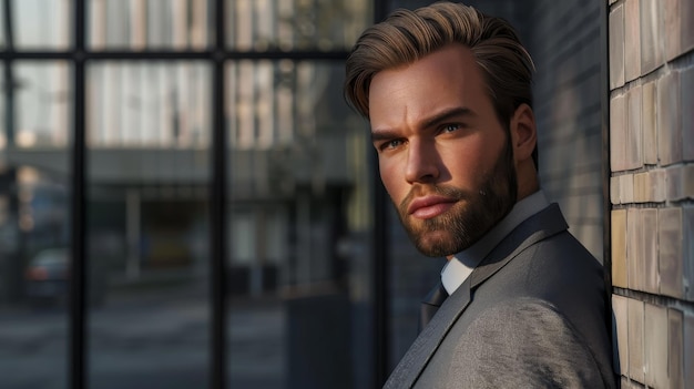 A sharply dressed businessman leans against a modern building staring confidently into the camera as the cityscape looms behind him