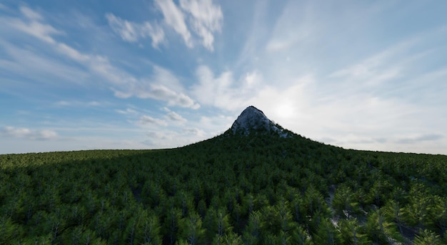 The sharpshaped mountain is surrounded by a dense forest of lush trees with a backdrop of the sky and clouds 3d rendering