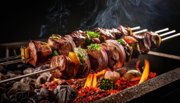 Photo shashlik or shish kebab preparing on barbecue cow meat