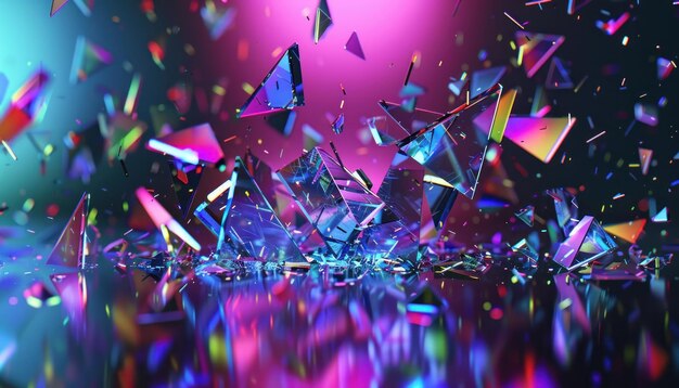 Shattered Glass Fragments Reflecting Neon Lights