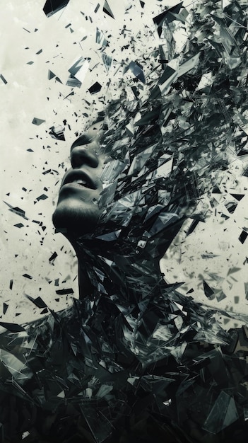 Shattered photograph of a womans face with a lot of shattered pieces