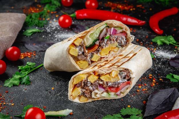 Shawarma burrito cut with vegetables and herbs on a dark stone table The concept of fast food restaurants