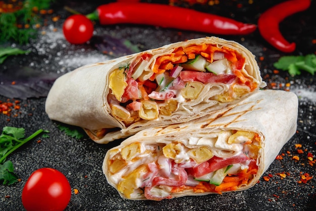 Shawarma burrito cut with vegetables and herbs on a dark stone table The concept of fast food restaurants