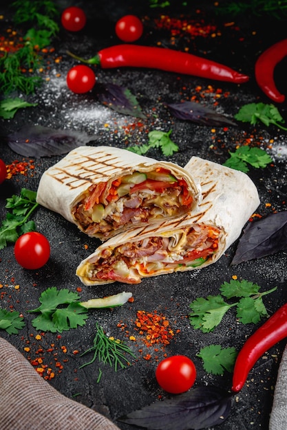 Shawarma burrito cut with vegetables and herbs on a dark stone table The concept of fast food restaurants