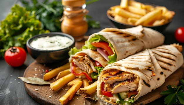 Photo shawarma chicken roll in a pita with fresh vegetables cream sauce and french fries on wooden background