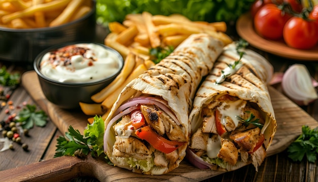 Shawarma chicken roll in a pita with fresh vegetables cream sauce and french fries on wooden background