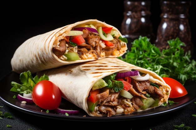 Shawarma doner kebab with chicken and vegetables isolated