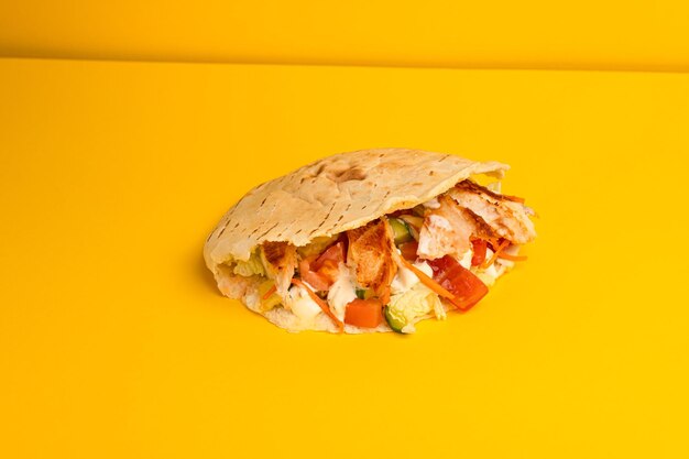 Shawarma in a pit with vegetables and chicken side view yellow background