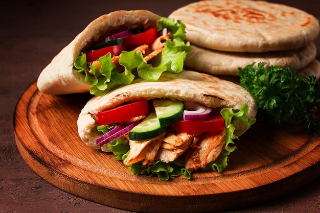 Shawarma in pita bread chicken with vegetables homemade no people