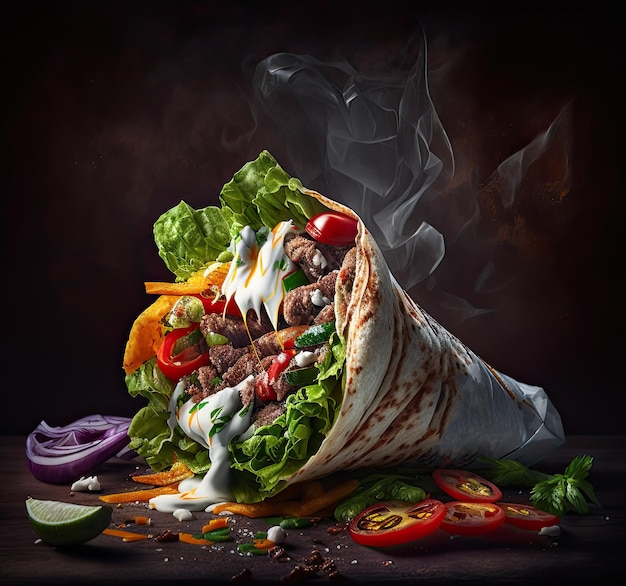 Shawarma roll in lavash moist grilled meat with onion herbs and vegetables Generative AI