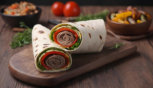 Shawarma rolled in lavash with grilled meat and vegetables on wooden background