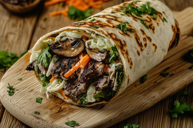 Photo shawarma sandwich fresh roll of thin lavash filled with grilled meat mushrooms cheese cabbage carrots sauce green traditional eastern snack wooden background