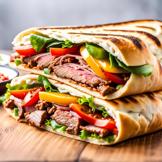 Shawarma Sandwich In Pita With Beef Meat Vegetables And Cheese