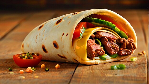 shawarma sandwich in pita with beef meat vegetables and cheese