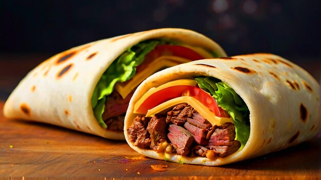 shawarma sandwich in pita with beef meat vegetables and cheese