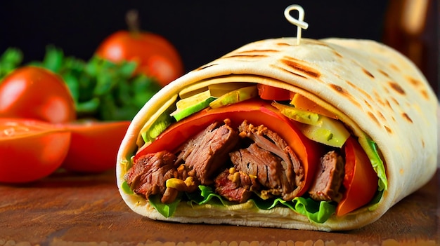 shawarma sandwich in pita with beef meat vegetables and cheese