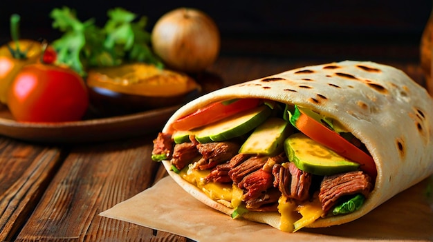 shawarma sandwich in pita with beef meat vegetables and cheese