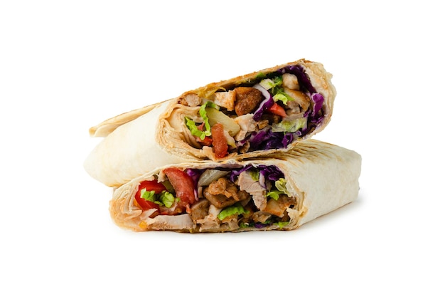 Shawarma with chicken lettuce and tomato cut on a white background