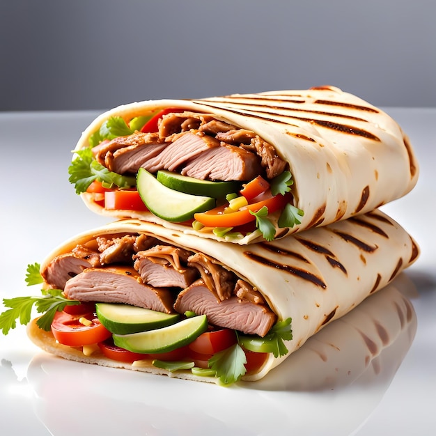 Shawarma with Meat and Vegetables on a White Background A Culinary Delight