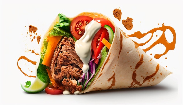 Shawarma with meat and vegetables on a white background isolate Generative AI