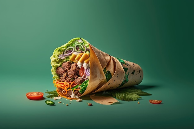 Shawarma with vegetables and meat on green background Illustration AI Generative