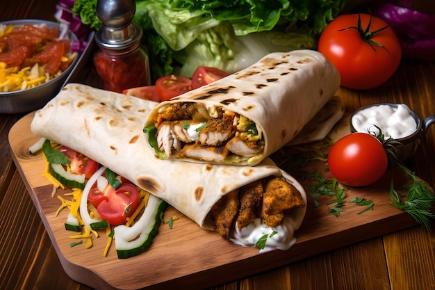 A shawarma wrap with chicken and vegetables on a wooden cutting board.