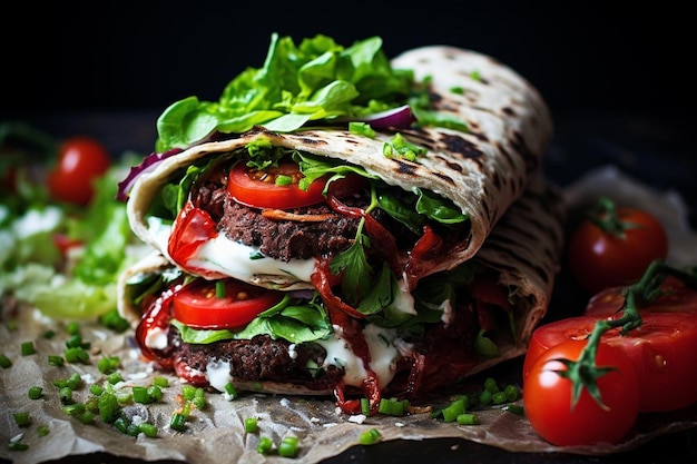 Photo shawarma wrap with a layer of grilled tomatoes