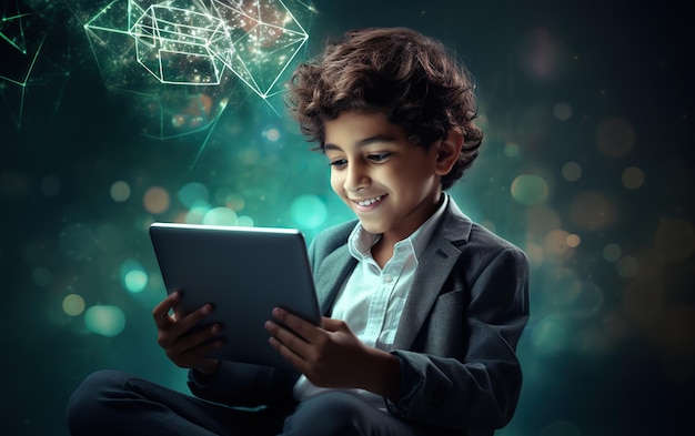 a shcoolboy using a digital tablet for learning