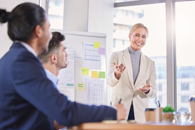 Photo she encourages her team to provide as much input. shot of a mature businesswoman having a meeting with her colleagues in an office.