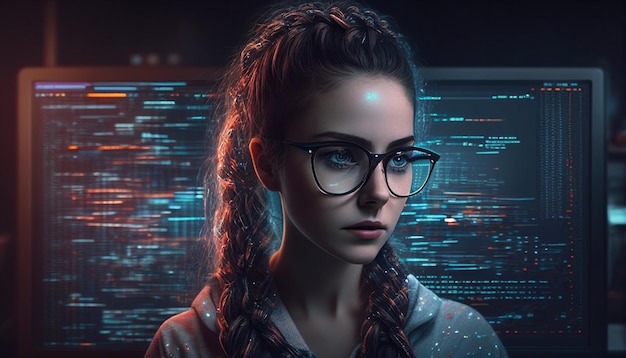 She is a brilliant programmer A nerdy young computer programmer poring over data software or a network interface AI Generative female software developer coding and concentrating