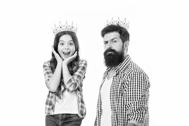 She is my little princess Bearded man proud of his daughter Man golden crown and little girl kid princess Best daughter ever Royal family King and princess Happy family white background