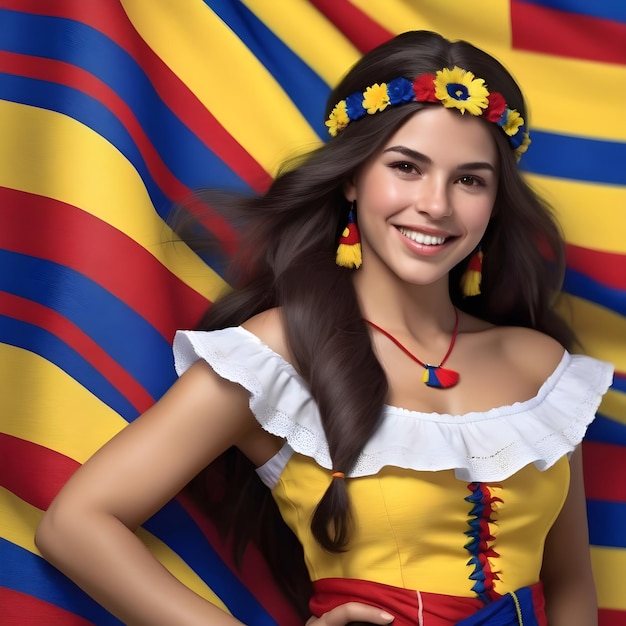 She is very smiling with a Colombian costume and her dark brown hair is in a bun She is surrounde