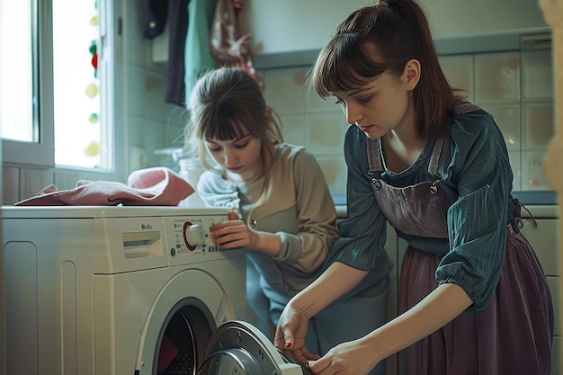 Photo she knows which buttons to press shot of a mother and daughter using a washing machine