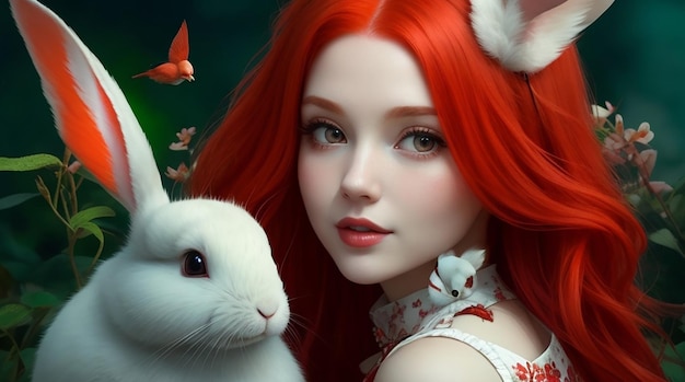 She was beautiful with the red hair She has beautiful wings and little rabbit with her