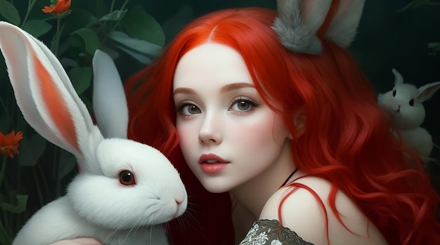 She was beautiful with the red hair She has beautiful wings and little rabbit with her