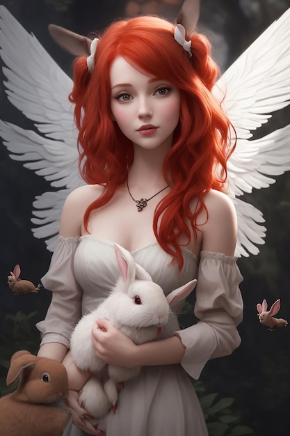 She was beautiful with the red hair She has beautiful wings and little rabbit with her