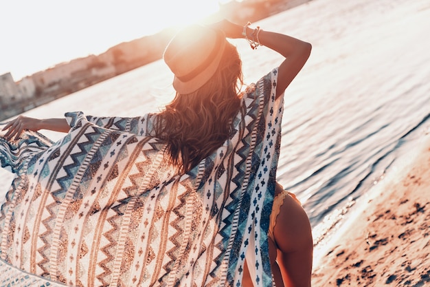 She will melt your heart.  Rear view of attractive young woman in bikini enjoying warm breeze while walking on the beach outdoors