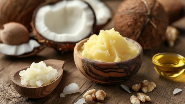 Photo shea butter coconut oil beeswax essential oils natural cosmetic ingredients still life skin care