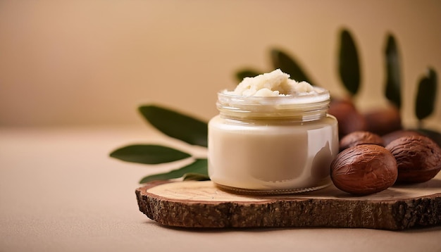 Shea butter jar on neutral background Organic skincare products Natural cosmetic Beauty concept