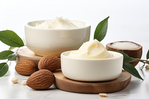 Shea butter and nut filled bowls on a light backdrop