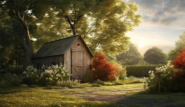 a shed next to a lawn and bushes in the style of soft and dreamy atmosphere