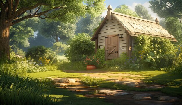 a shed next to a lawn and bushes in the style of soft and dreamy atmosphere