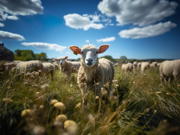 Sheep on the background of pasture and other sheep Generative AI